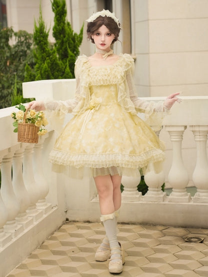 Butterfly and Floral Print Light Yellow Versatile Neckline Lolita Dress