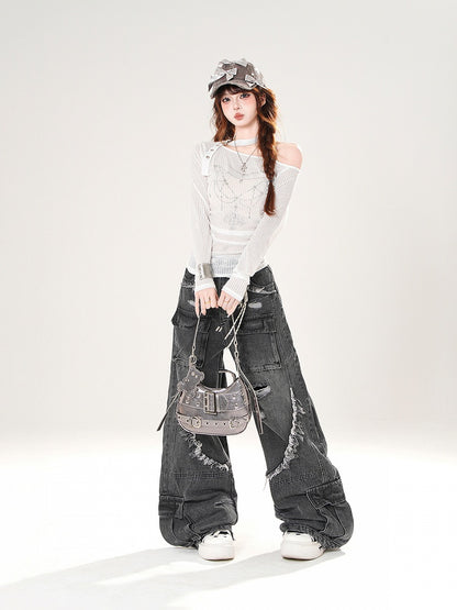 White/Black Asymmetrical Neckline Rhinestone Details Buckle Halter Neck Top