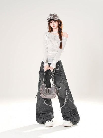 Black/Blue Low Rise Distressed Holes Raw Hem Wide-Leg Cargo Jeans