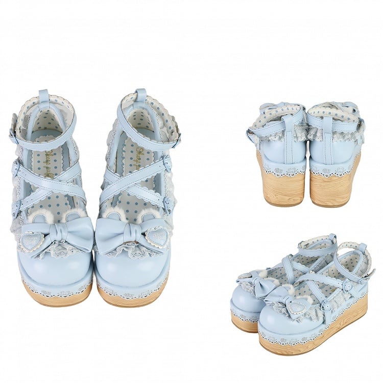 Blue Crisscross Design Bunny Ear Bow at Top Lace Trim Platforms