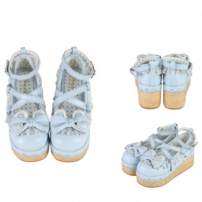 Blue Crisscross Design Bunny Ear Bow at Top Lace Trim Platforms