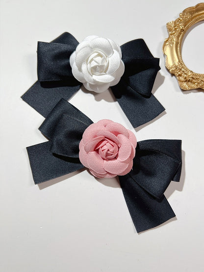 White/Pink Camellia Design Bowknot Hairclip