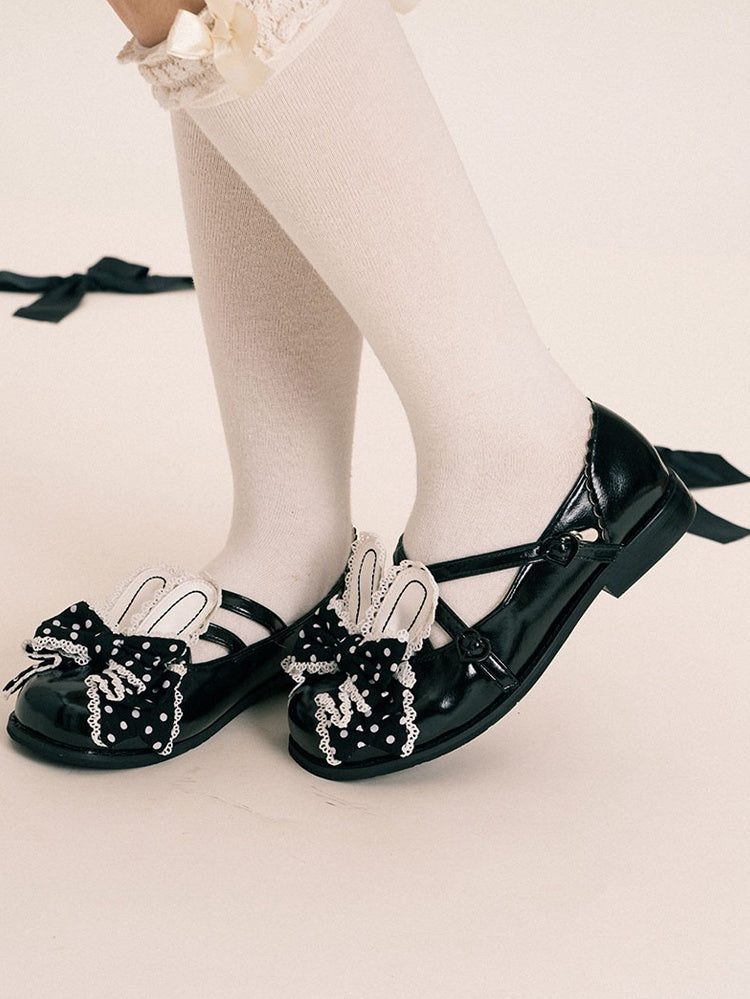 Black Crisscross Design Bunny Ear Polka-dot Pattern Bow at Top Lolita Shoes