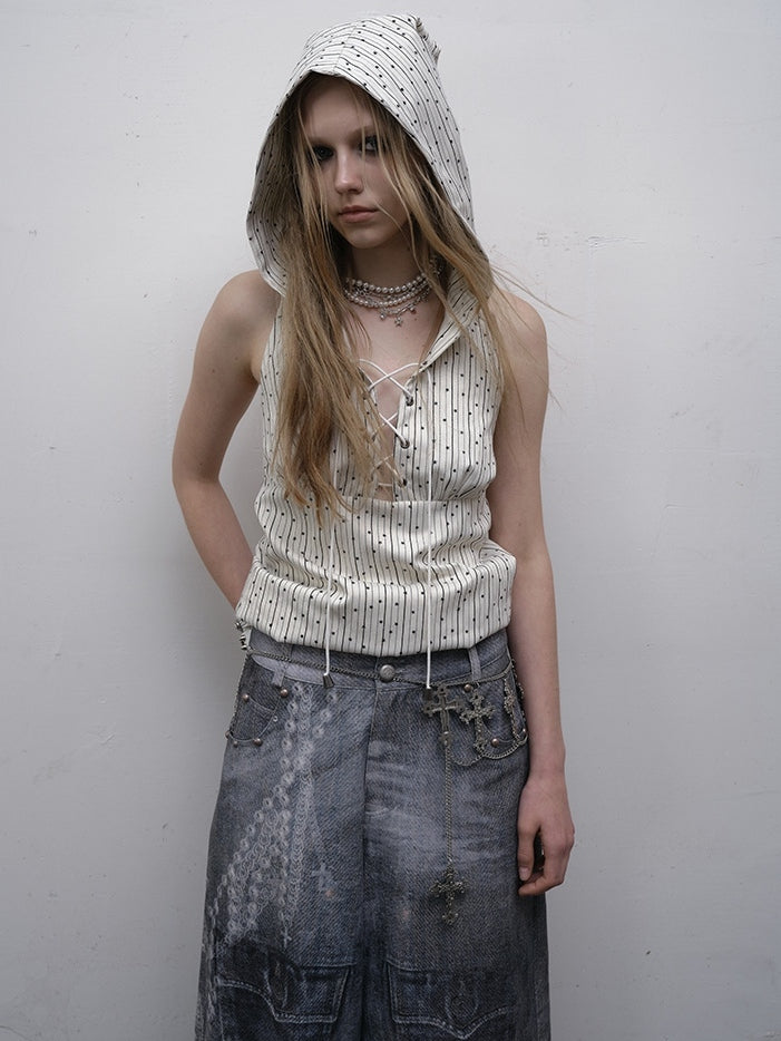 White Striped Pattern Star Print Lace-up Detail Hoodie Sleeveless Top