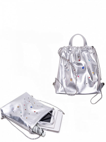 Glamorous Silver Drawstring Backpack With Rhinestone Embellishments