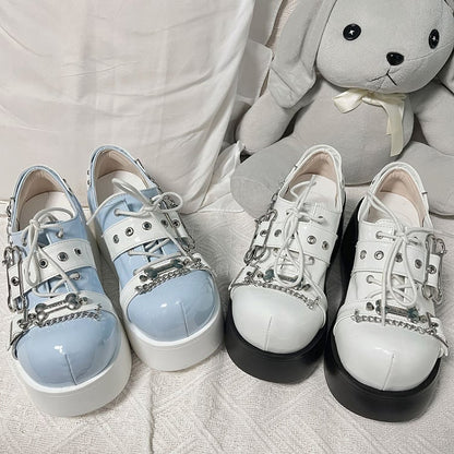 Jirai Kei Polished White Y2K Bone Design Buckle Strap Platform Shoes