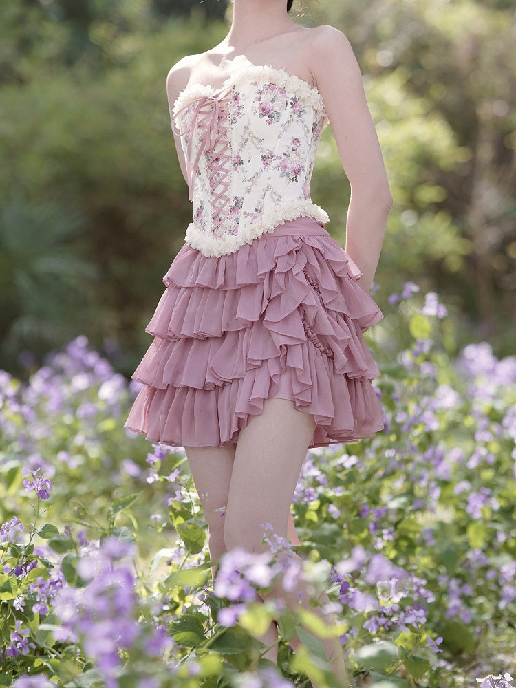 Lace-up Front and Back Floral Print Balletcore Boned Croset Top