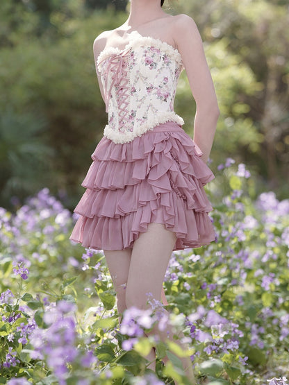 Lace-up Front and Back Floral Print Balletcore Boned Croset Top