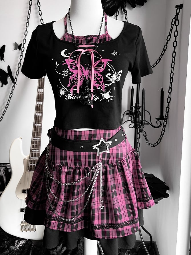 Black and Pink Punk Rock Idol Set- Butterfly Print Halter Top+ Plaid Skirt+ Buckle Belt+ Waist Chain