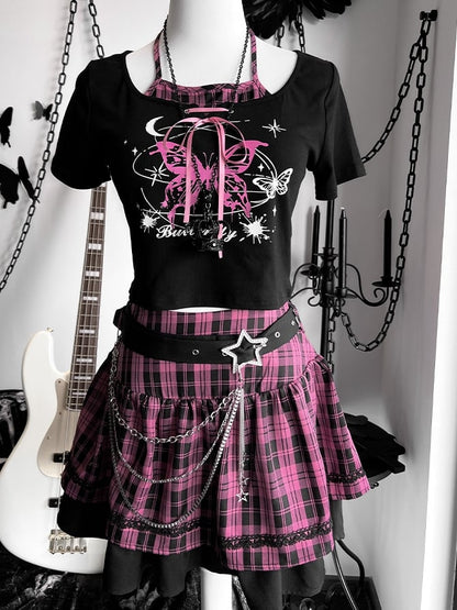 Black and Pink Punk Rock Idol Set- Butterfly Print Halter Top+ Plaid Skirt+ Buckle Belt+ Waist Chain