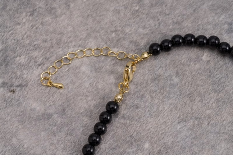 Silver Cross Pendant Gothic Black Beads Necklace