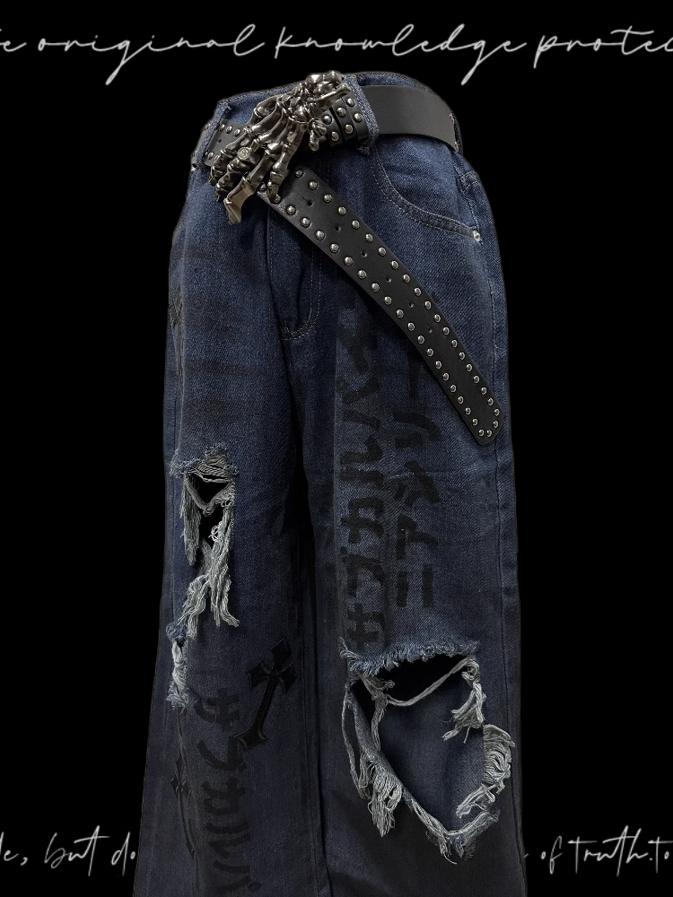 Blue Distressed Holes Raw Hem Punk Jeans