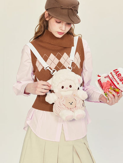 White&Pink Cute Plush Lamb Backpack + Overall Pants Middle/Large Size