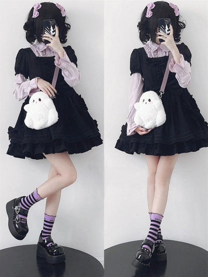 White Ghost-shaped Fleece Crossbody Bag With Taro Purple Straps