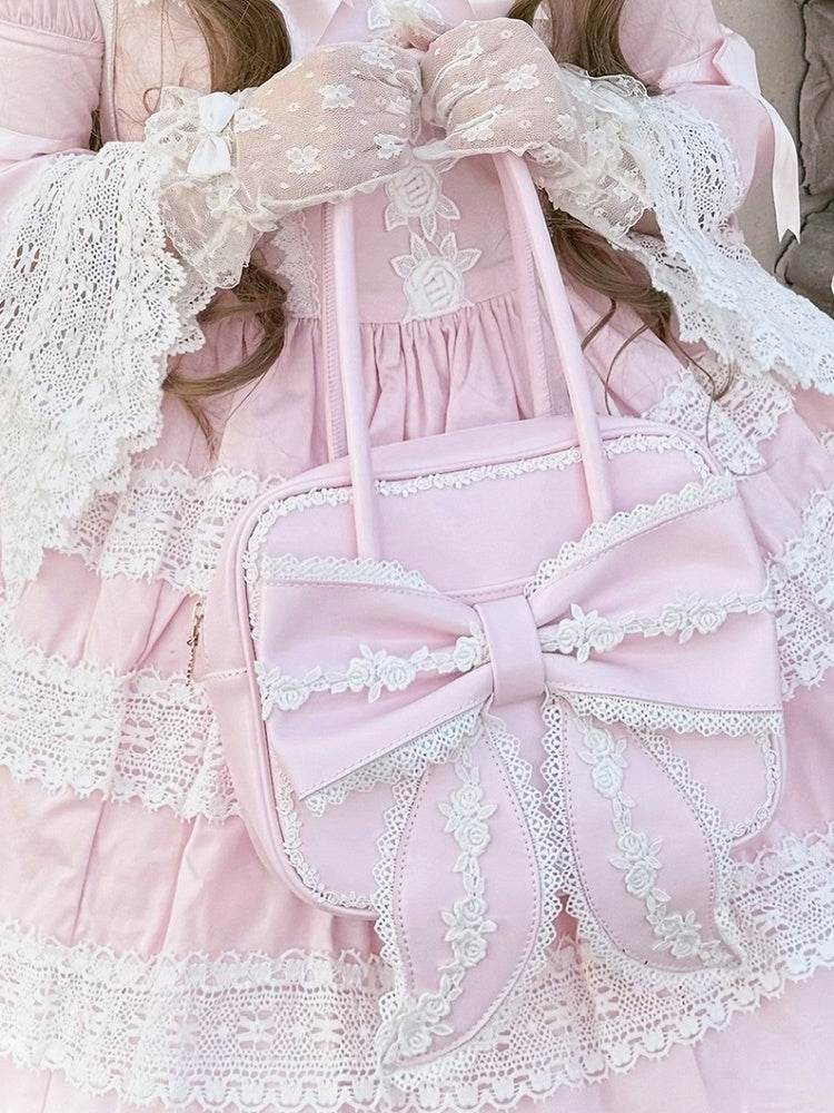 Old School Lolita Square Pink PU Shoulder Bag with Lace Details and Bow