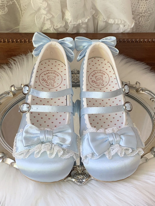 Ruffled Lace, Bow Details & Double Closure Blue Low-heel Mary Janes in Sweet Lolita
