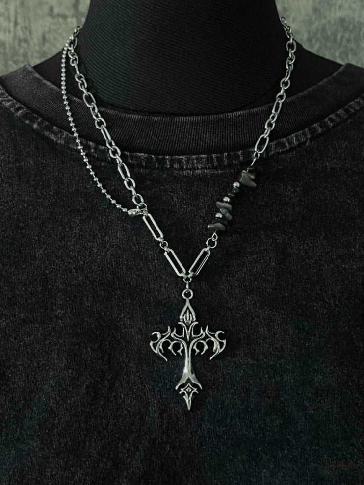 Silver Flame Cross Pendant Necklace with Asymmetric Chain