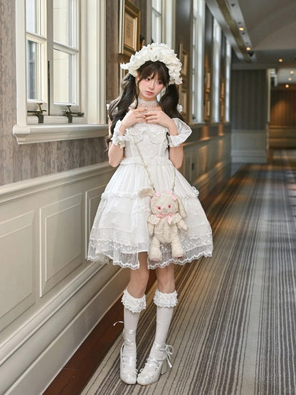 White Flutter Sleeves Butterfly Accent Ruffled Lace Trim Lolita JSK