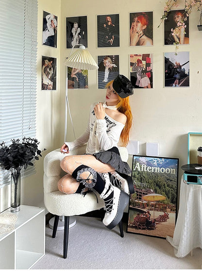 Front Lace-up Spike Stud Detailing White Punk Lolita Platforms