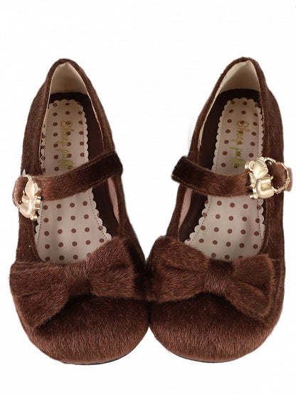Brown Sweet Lolita Plush Shoes in Regular/Thicken Version - Delicate Bow Accents with Hugging Bear Heart Fasteners