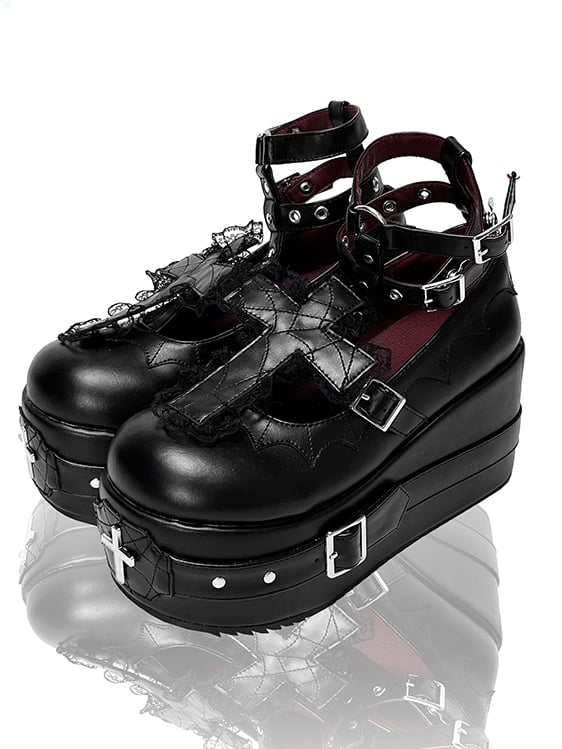 Clearance-Size 38 Matte Black Gothic Lolita Lace Trim Cross Platform Shoes