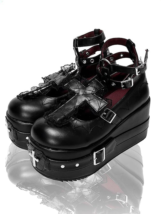 Clearance-Size 38 Matte Black Gothic Lolita Lace Trim Cross Platform Shoes