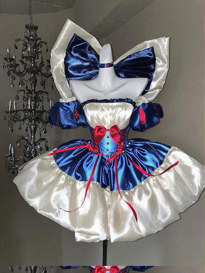 Blue & White Basque Waist Sweet Lolita Dress with Large Bow and Red Ribbon Accents