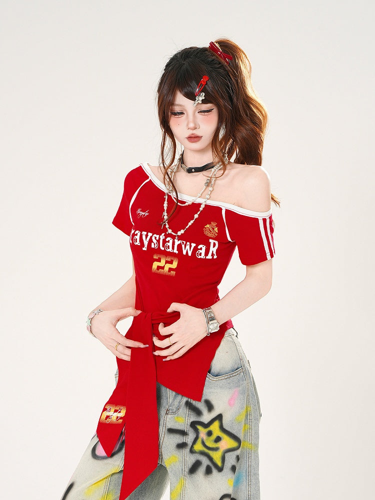 Red/Blue Asymmetrical Neckline Blokette Core T-shirt Self-tie Straps at Waist