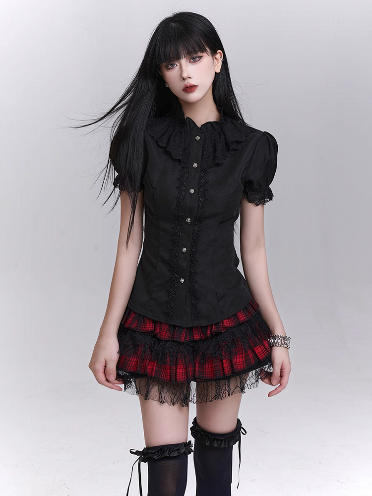 Black Puff Sleeves Vintage Gothic Blouse with Detachable Jabot Tie