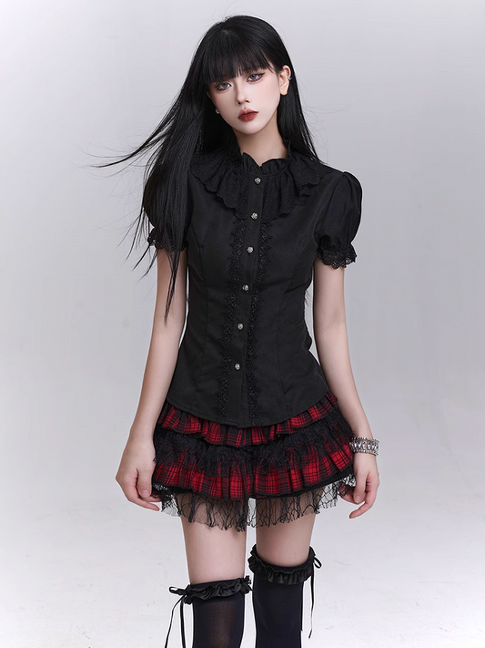 Black Puff Sleeves Vintage Gothic Blouse with Detachable Jabot Tie
