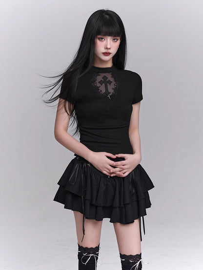 Black Coffin-shaped Cutout Cross Applique T-Shirt