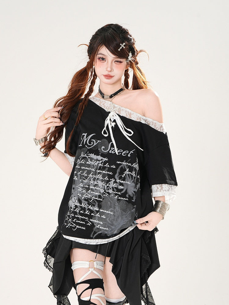 Asymmetrical Neckline Lace Trim Butterfly Print Black/White Loose T-shirt