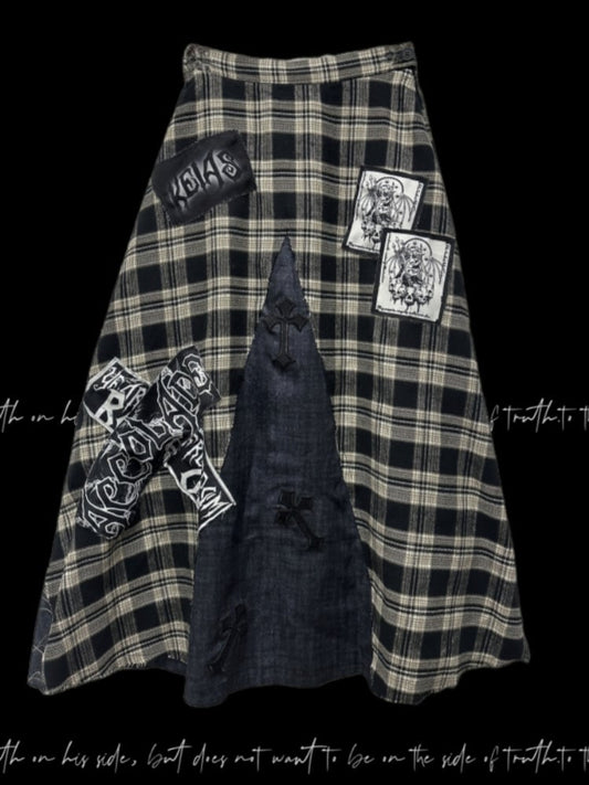 Wasteland Punk Cross Appliques Plaid Patchwork Design Skirt