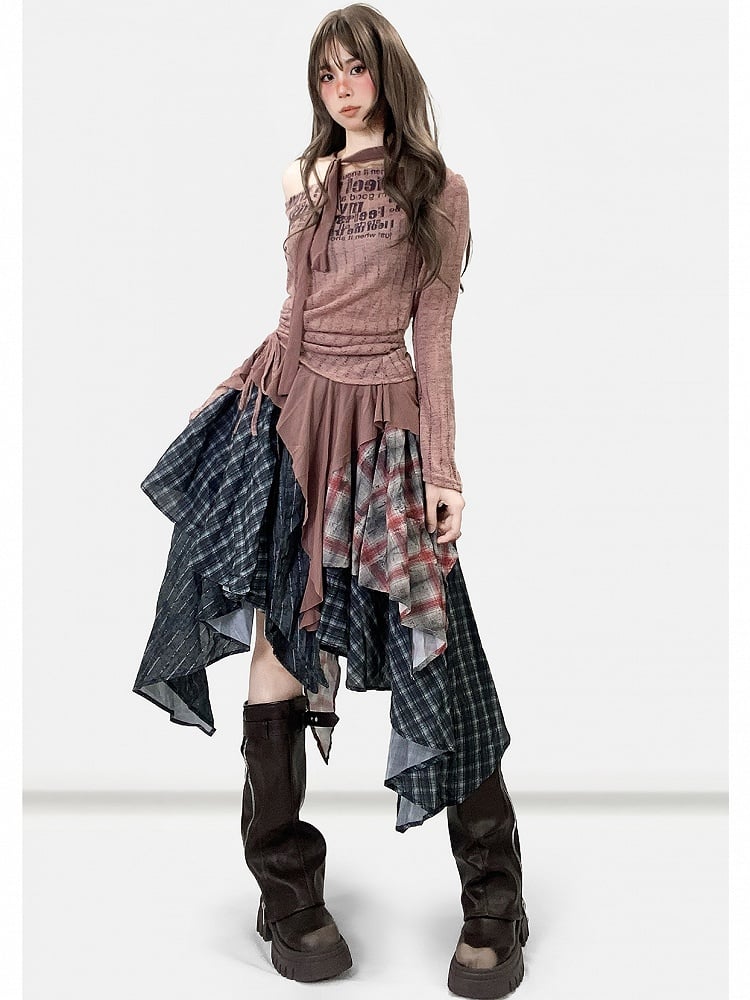 Reddish Brown Millard Fashion Letter Print Striped Pattern Asymmetrical Hem Top + Scarf