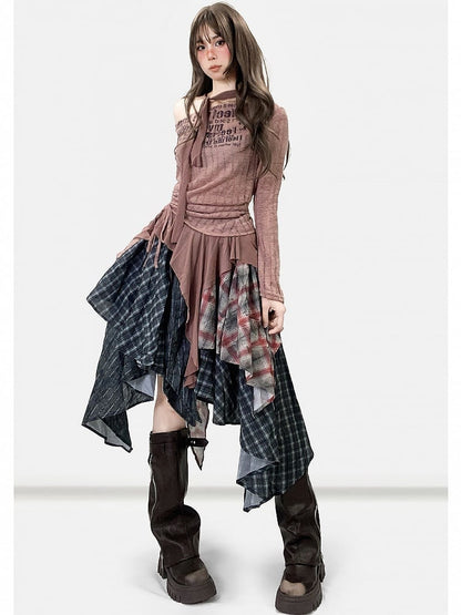 Dark Gray Plaid Pattern Handkerchief Hem Skirt