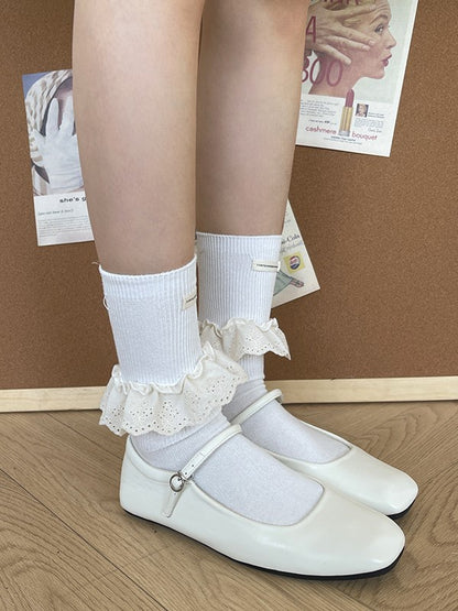 White/Black/Grey/Apricot Lolita Calf Socks With Hollow-out Lace Ruffled Cuffs