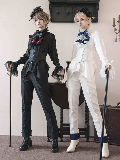 White Ouji Lolita Ruffle Neckline Prince Style Long Sleeves Shirt