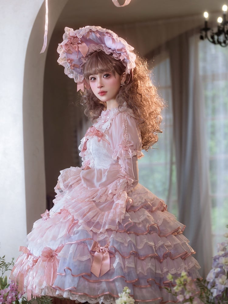 Purple and Pink Bow Accents Tiered Skirt Hanayome Hime Lolita Jumper Skirt
