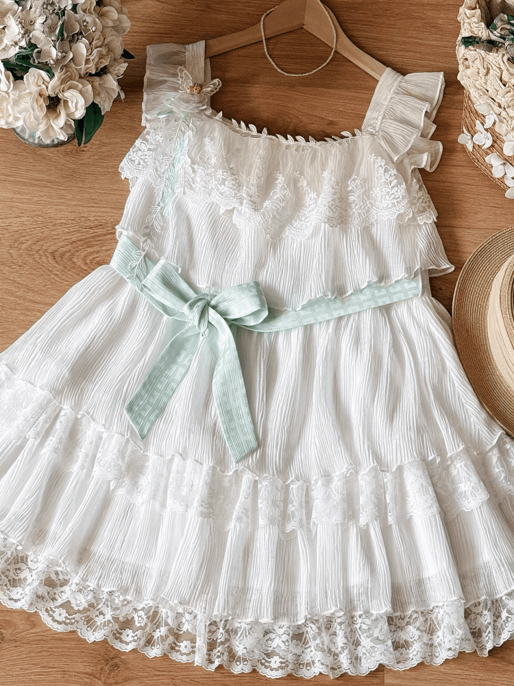 Sweet White Tiered Lace Trim Flutter Sleeves Dress with Brooch and Waist Belt