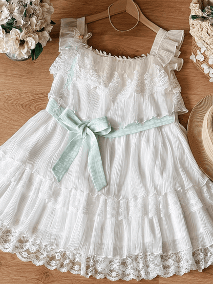 Sweet White Tiered Lace Trim Flutter Sleeves Dress with Brooch and Waist Belt