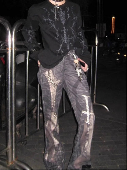 Y2K Punk Print Black Long Sleeves Top