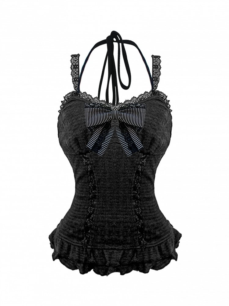 Gothic Black Lace Cami Top with Detachable Striped Bow