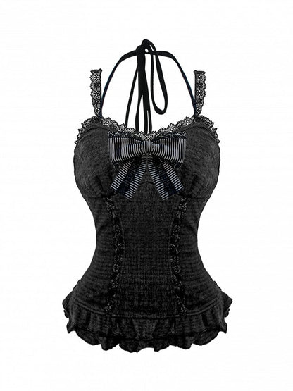 Gothic Black Lace Cami Top with Detachable Striped Bow