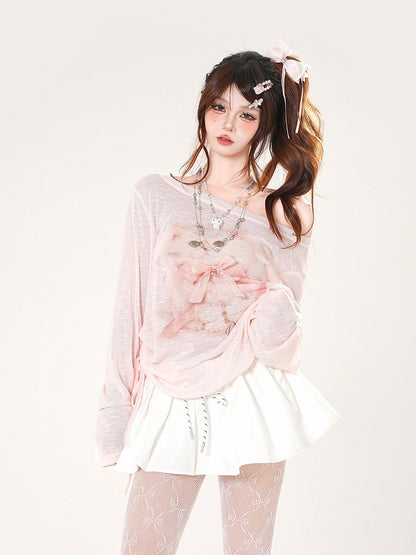 Adorable Kitten Print Asymmetrical Neckline Pink Semi-sheer Coverup