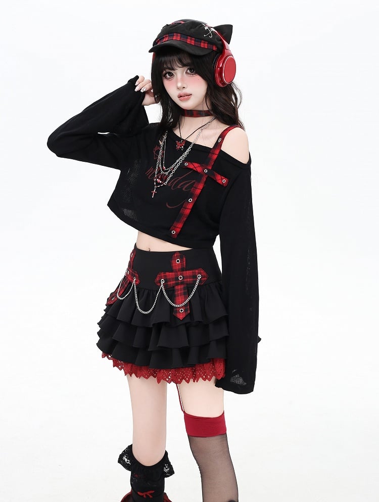 Chains Decorated Pink/Red Plaid Cross Appliques Lace Trim Tiered Skirt