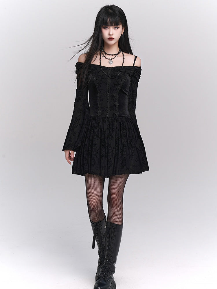 Black Gothic Velvet Off-the-shoulder Neckline Bell Sleeves Lace Trim Dress