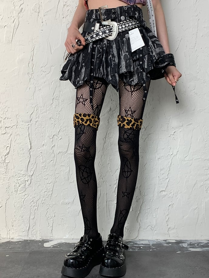 Black Y2K Leopard Pattern Cuffs Semi-sheer Over-knee Stockings
