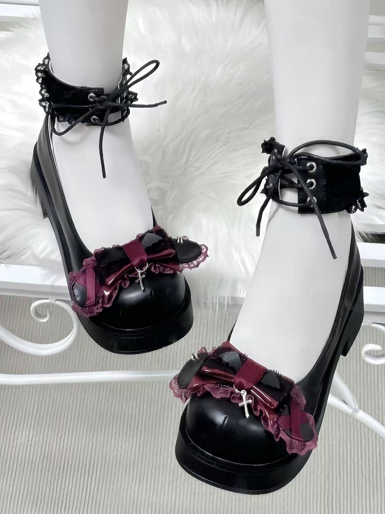 Jirai Kei Black Mary Janes: Mid-Heel with Ankle Lace-Up, Red Bow & Dangling Cross