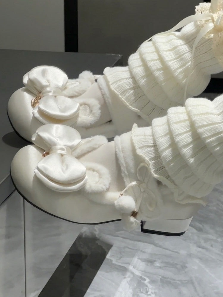 White Sweet Lolita Heart Charm Plush Bunny Ear Bow at Top Round Toe Shoes