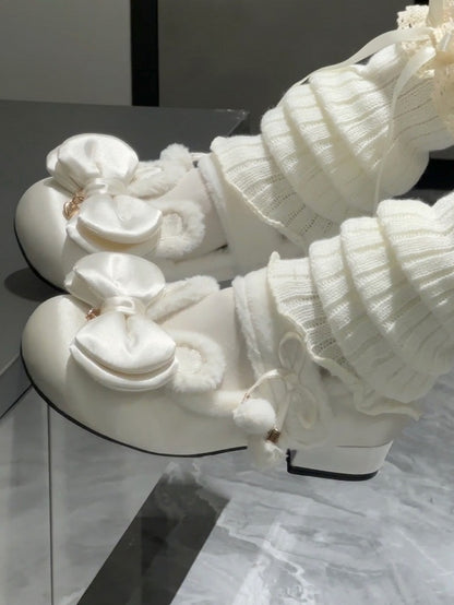 White Sweet Lolita Heart Charm Plush Bunny Ear Bow at Top Round Toe Shoes